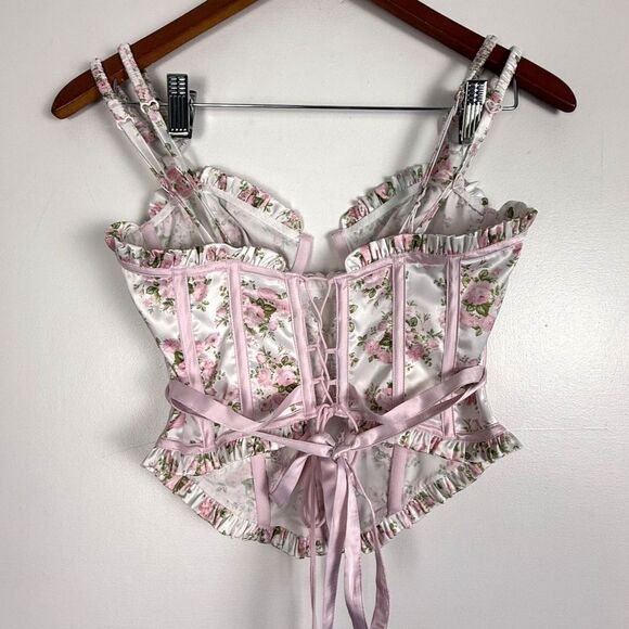 For Love & Lemons Naima Bustier Corset Top – Pink Floral Lace-Up Ribbon Tie - Picture 8 of 12